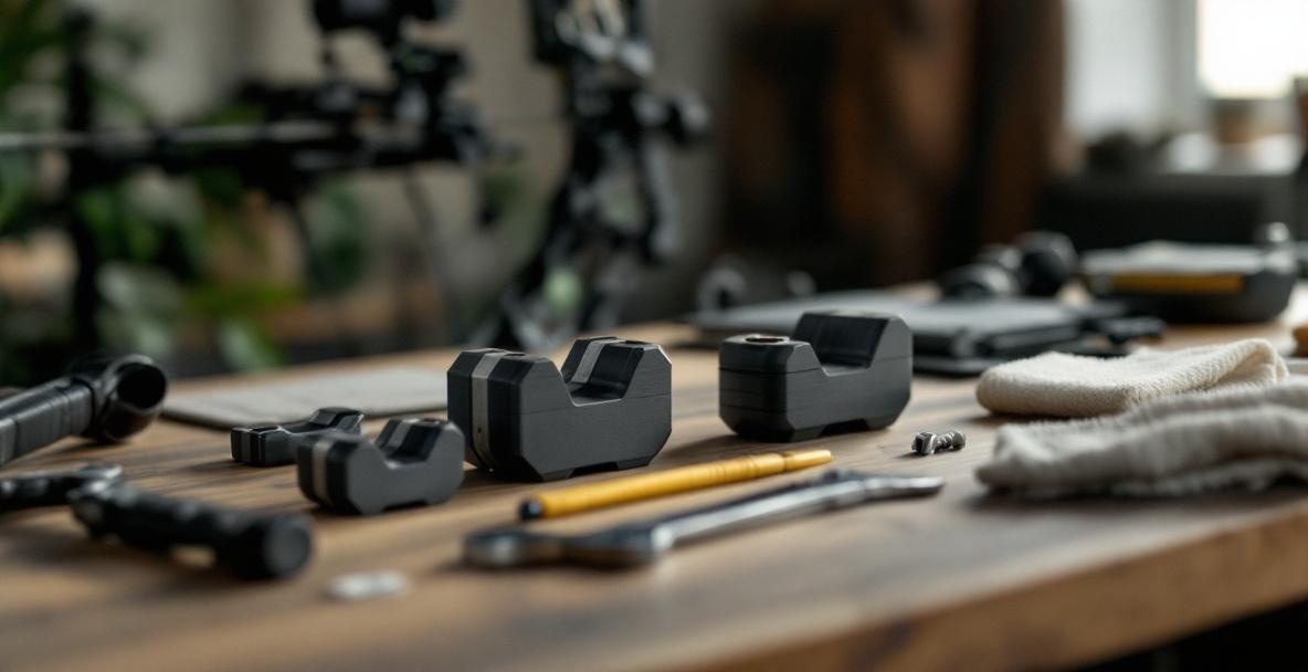 Desktop setup for compound bow maintenance with tools and stabilizer weights on a wooden desk.