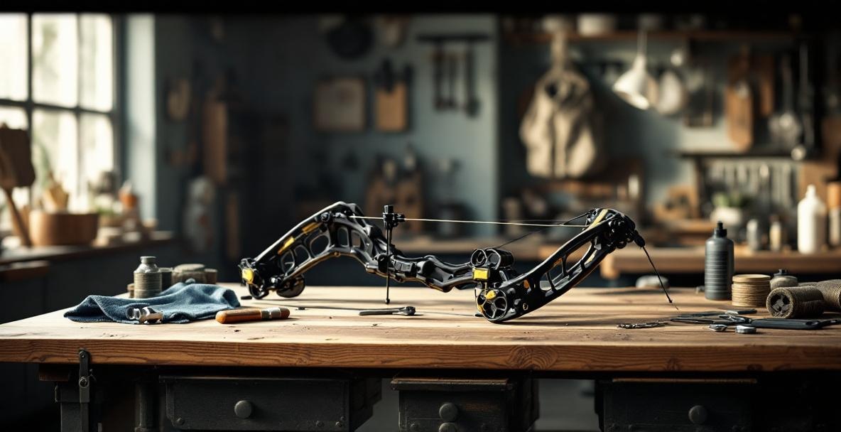 Compound bow on a workbench with tools in a sunlit workshop.
