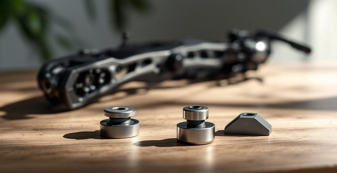 Sleek bow and metallic stabilizer weights on a wooden table with soft lighting.