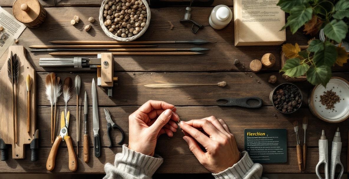 Hands using a fletching jig on a wooden workbench with arrow crafting tools.