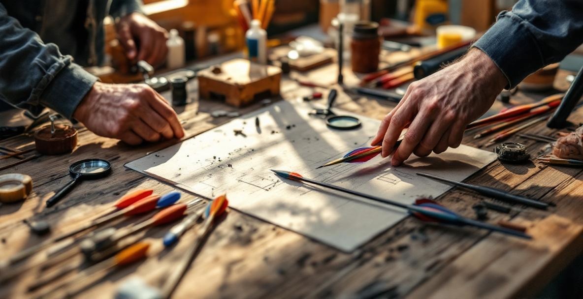 Close-up of hands repairing an arrow on a cluttered workbench with archery tools.