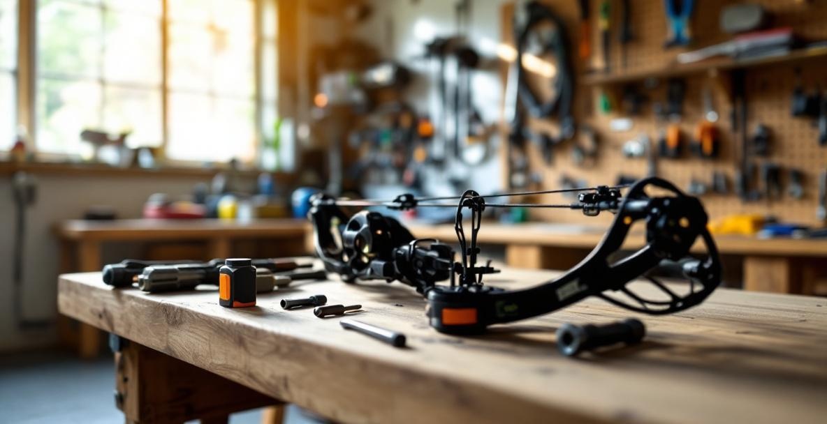 Workbench with a compound bow, stabilizer weights, hex keys, and a bow sight in a sunlit garage.