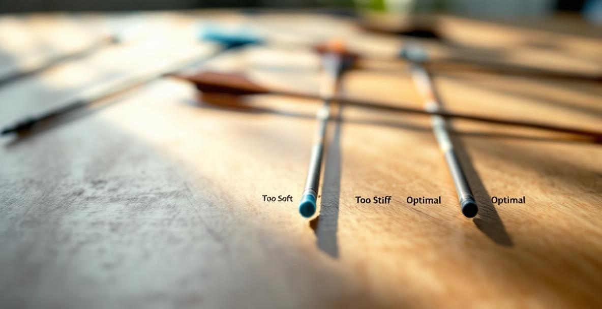 Three arrows labeled 'Too Soft,' 'Too Stiff,' and 'Optimal' on a wooden tabletop with a blurred bow in the background.