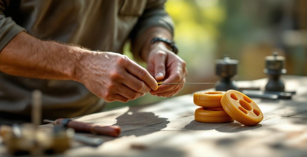 Archer applying wax to bowstring with archery tools in the background.