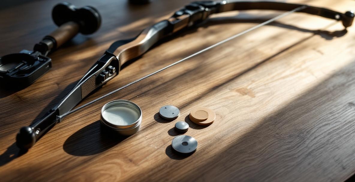 Archer's workspace with a recurve bow, wax tin, and stabilizer weights on a wooden table.