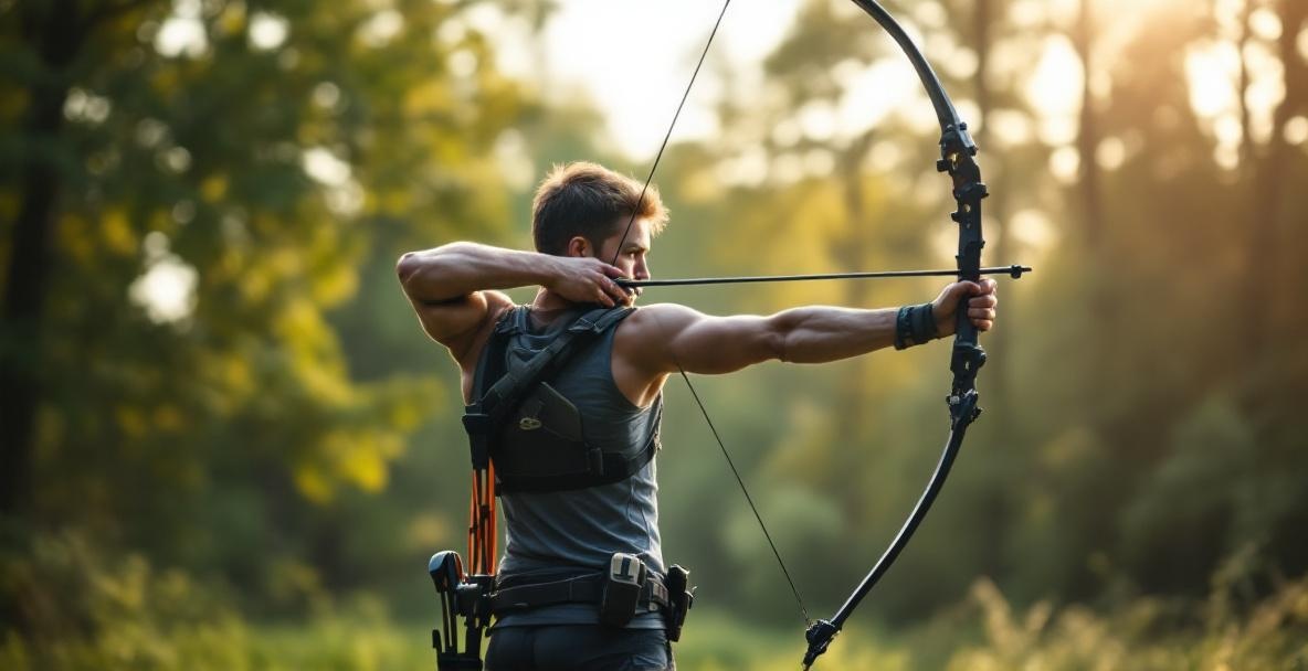 An archer focusing while drawing a bow in a serene outdoor setting.