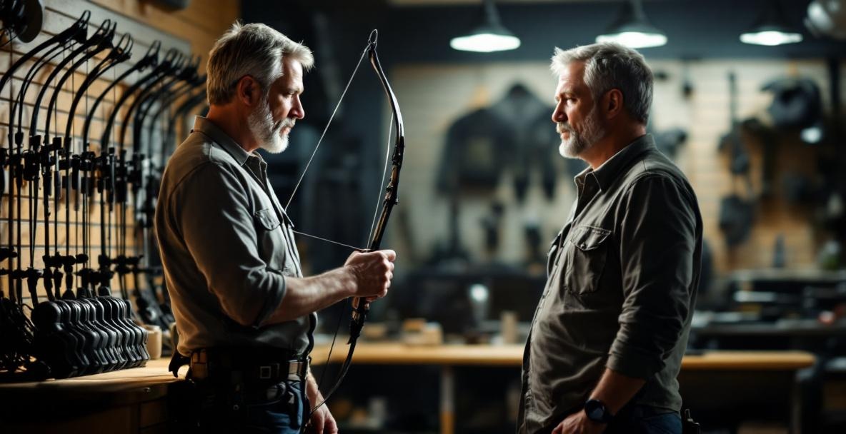 A middle-aged archer examines a bow in a store with various archery equipment on display.