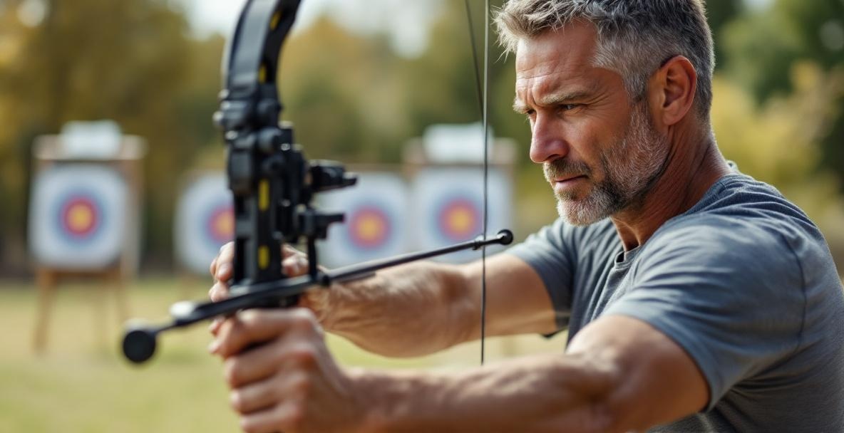 Middle-aged man adjusting a modern compound bow at an outdoor archery range.
