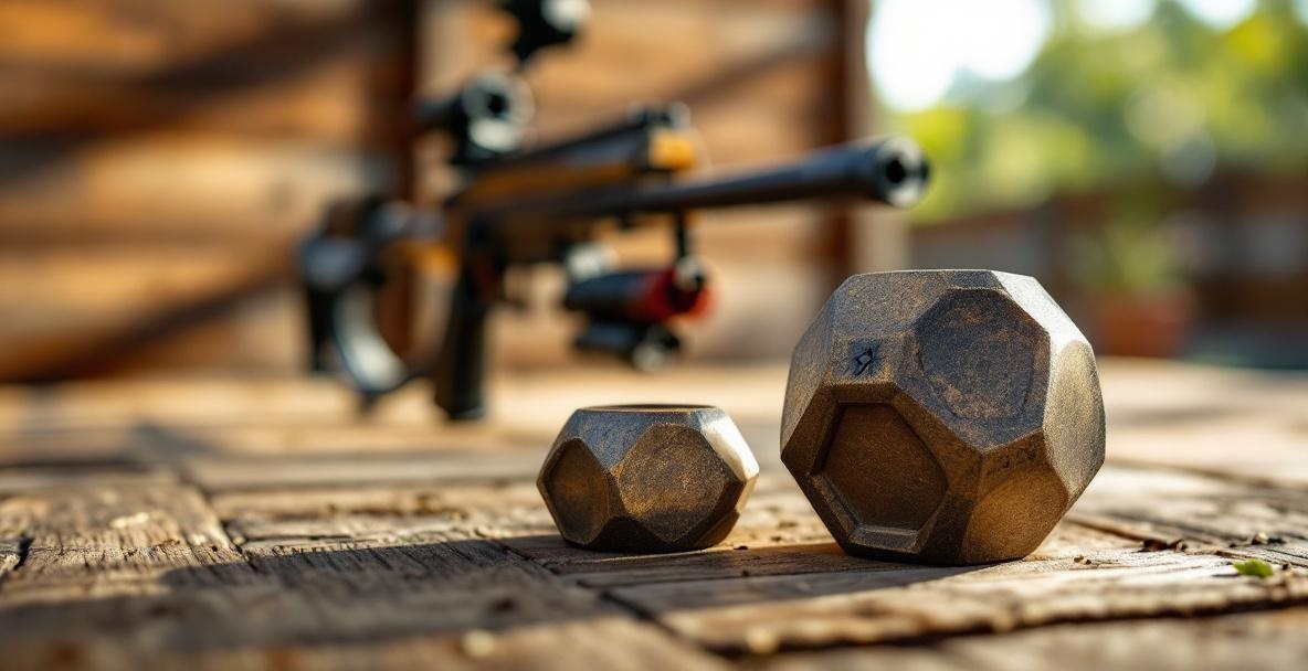 Close-up of durable stabilizer weights in an archery setup with a compound bow in the background.