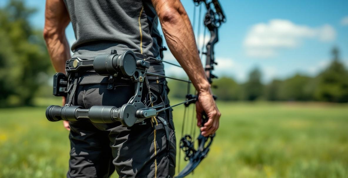 Archer adjusting stabilizer weights on a compound bow in a serene outdoor setting.
