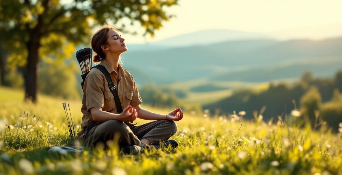 Archer meditating in a grassy field with a bow and arrows nearby under dappled sunlight.