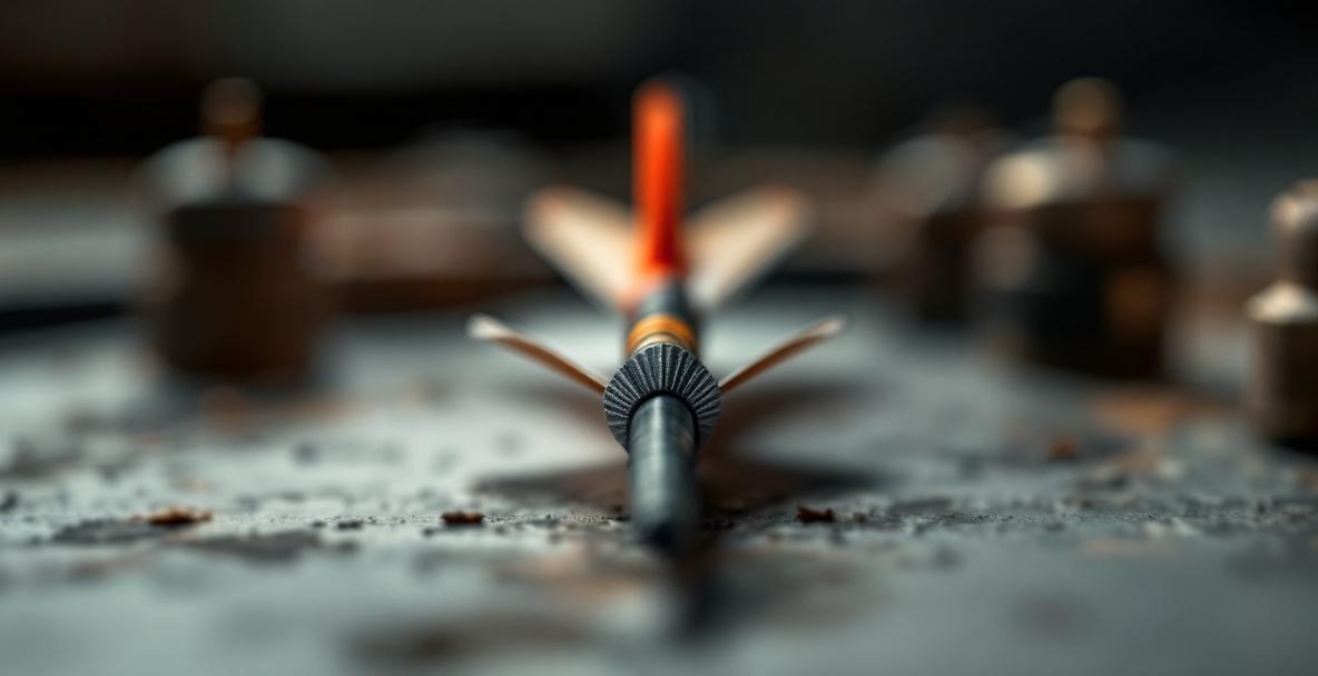 Close-up of an arrow with a detailed view of its spine and blurred archery equipment in the background.