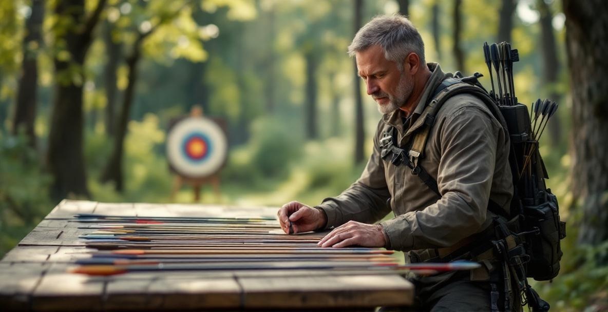 Middle-aged archer examines arrows on a table in a serene forest setting.