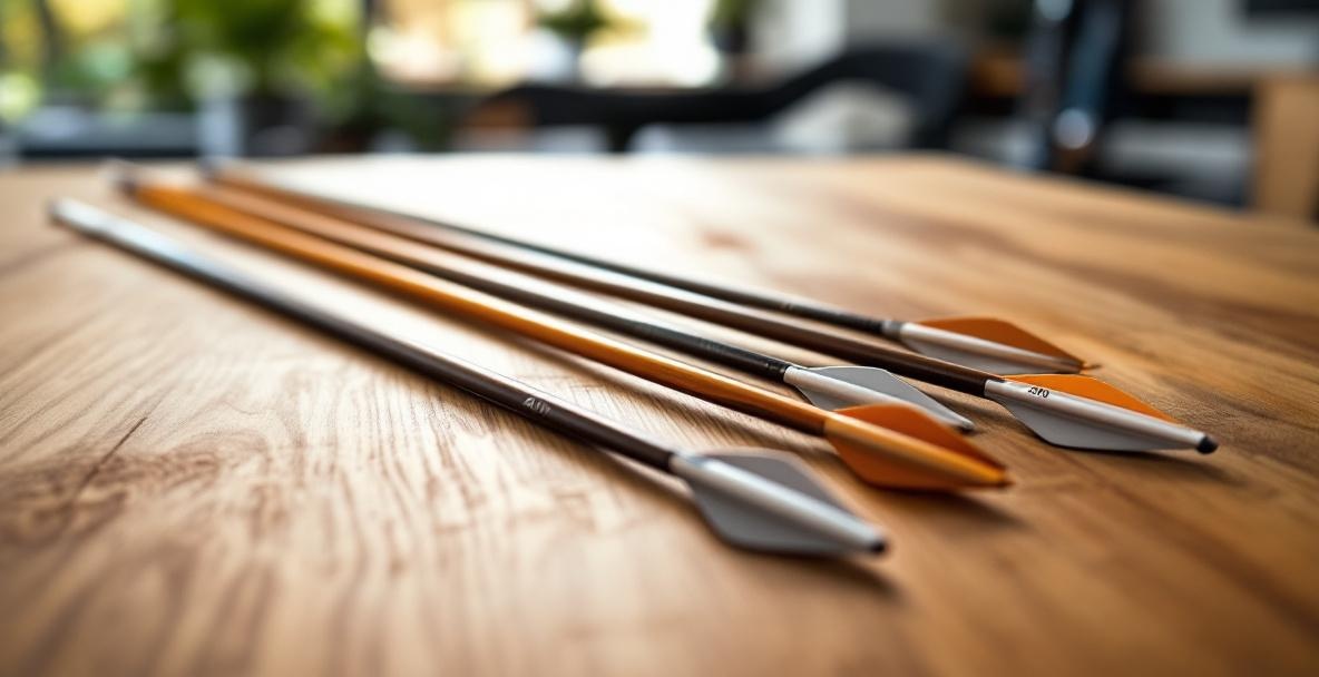 Arrows with labels on a wooden table, illustrating different spine stiffness levels with a blurred archery bow in the background.