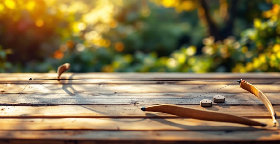 An elegantly crafted recurve bow with detached stabilizer weights on a wooden table.