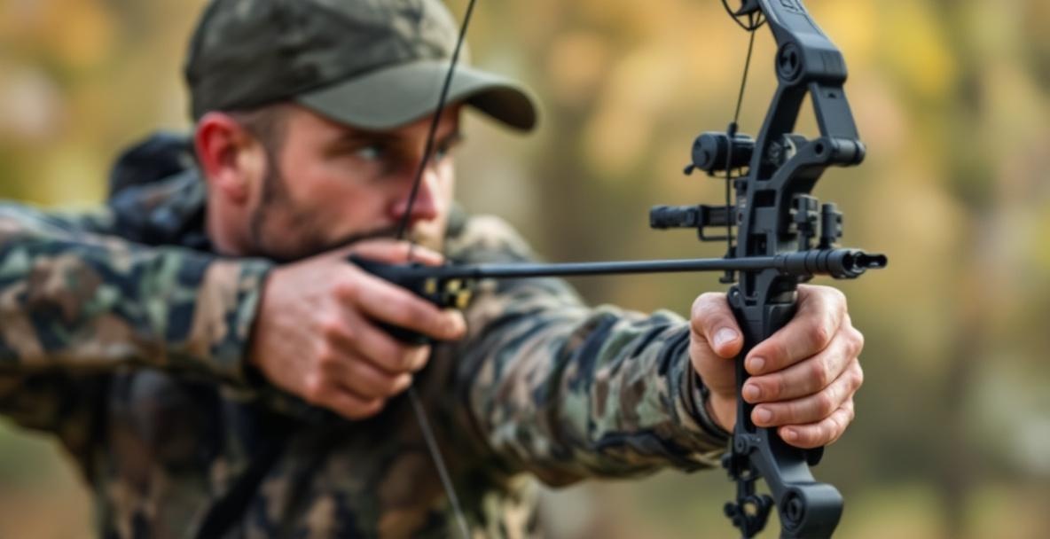 Focused archer using a compound bow with sleek cam system and durable weights in a neutral outdoor setting.