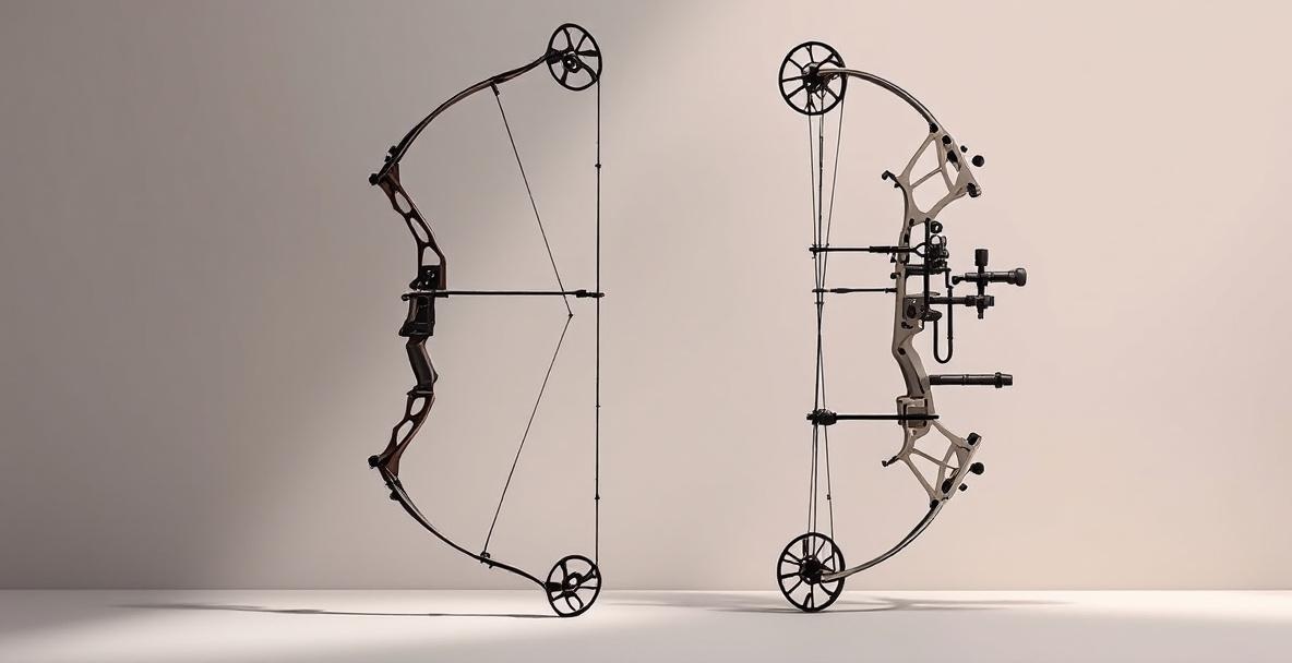 Recurve and compound bows side by side with stabilizer weights on a neutral background.