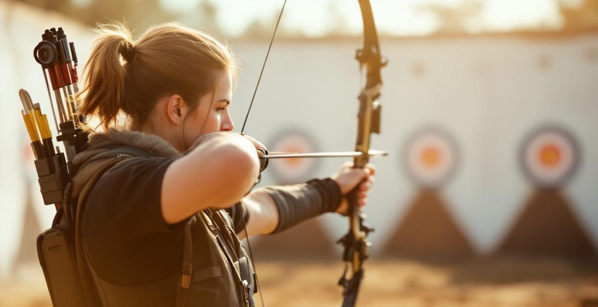 A skilled archer in modern gear with precise form at a shooting range.