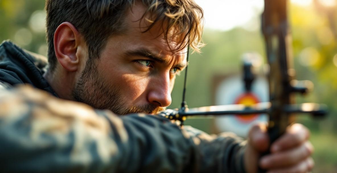Professional archer aiming with focus outdoors, bow with high-quality stabilizer weights visible.