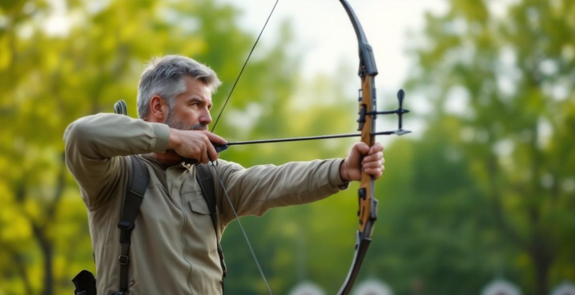 Middle-aged archer in mid-shot at outdoor range with durable stabilizer weights.