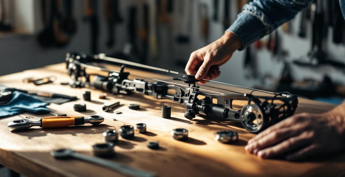 Archer's hand adjusting a bow's stabilizer weight on a wooden bench with tools scattered around.