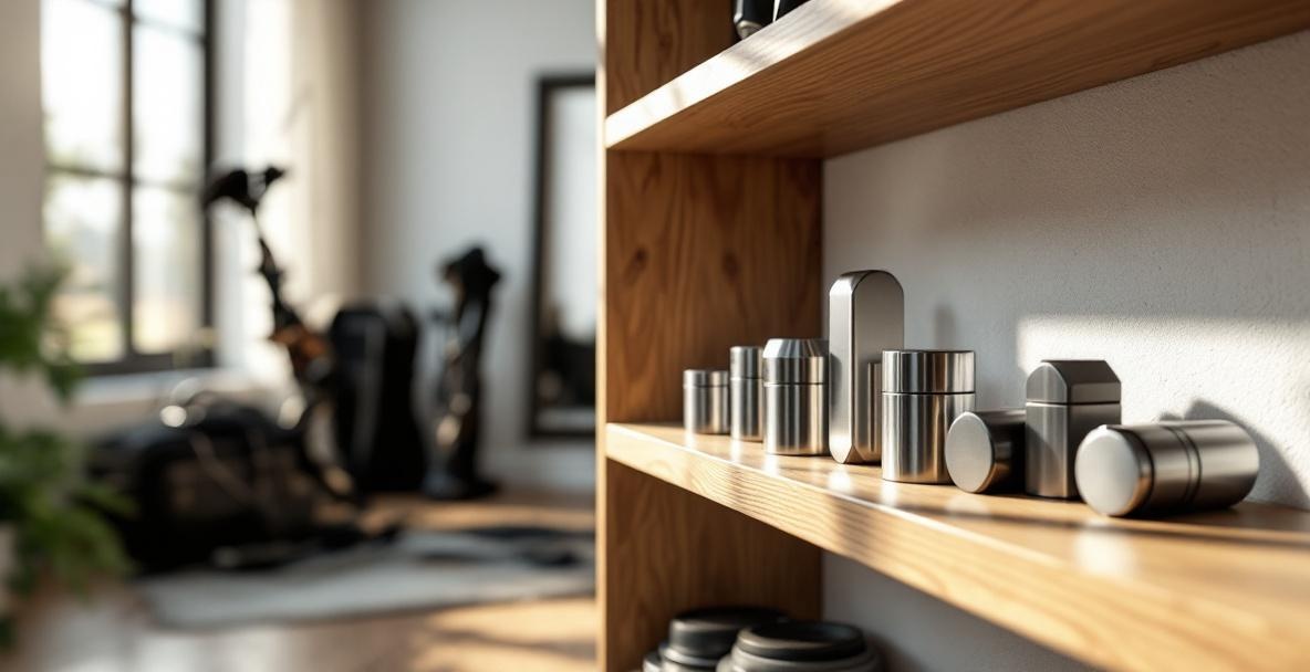Minimalist shelf with premium stabilizer weights for archery equipment in a modern, well-lit room.
