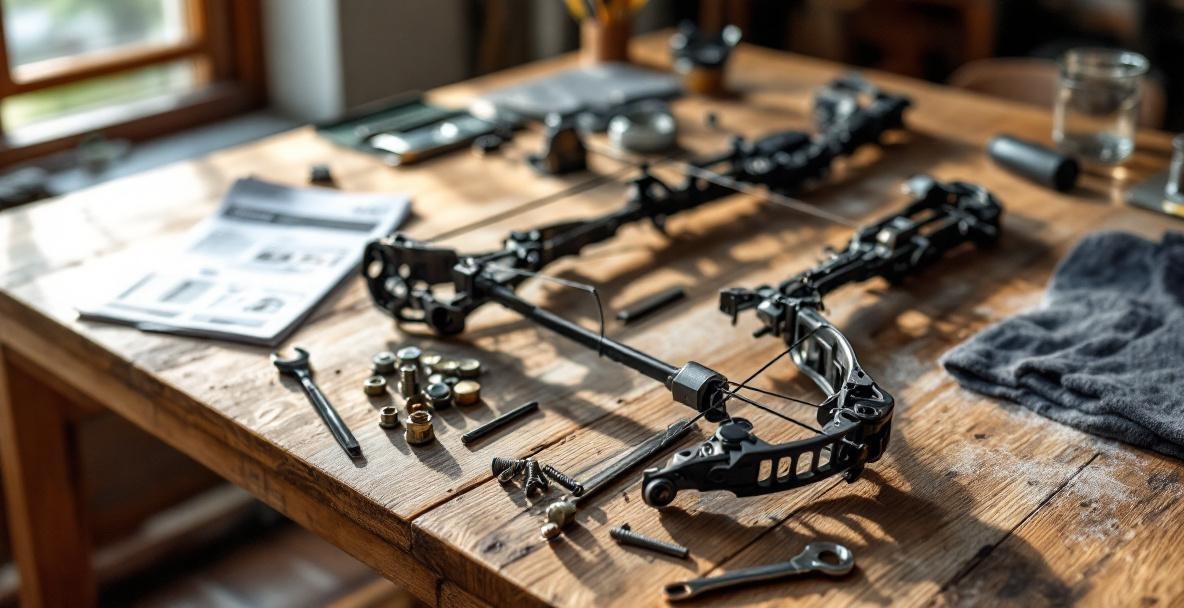 Close-up of archer's workspace with disassembled bow and repair tools.