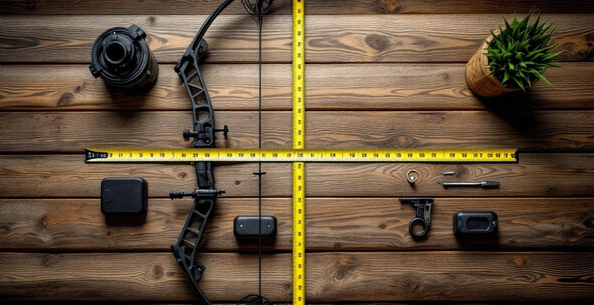 Bow with measuring tape for draw length on a wooden table with stabilizer weights.