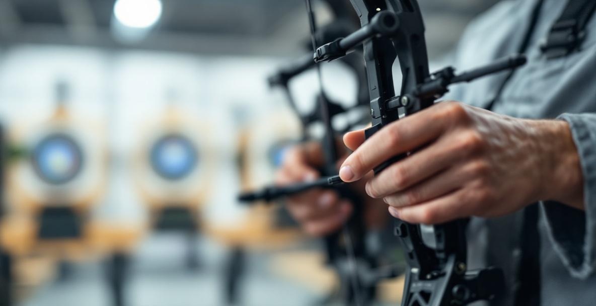 Archer adjusts stabilizer weights on a compound bow in an indoor range.