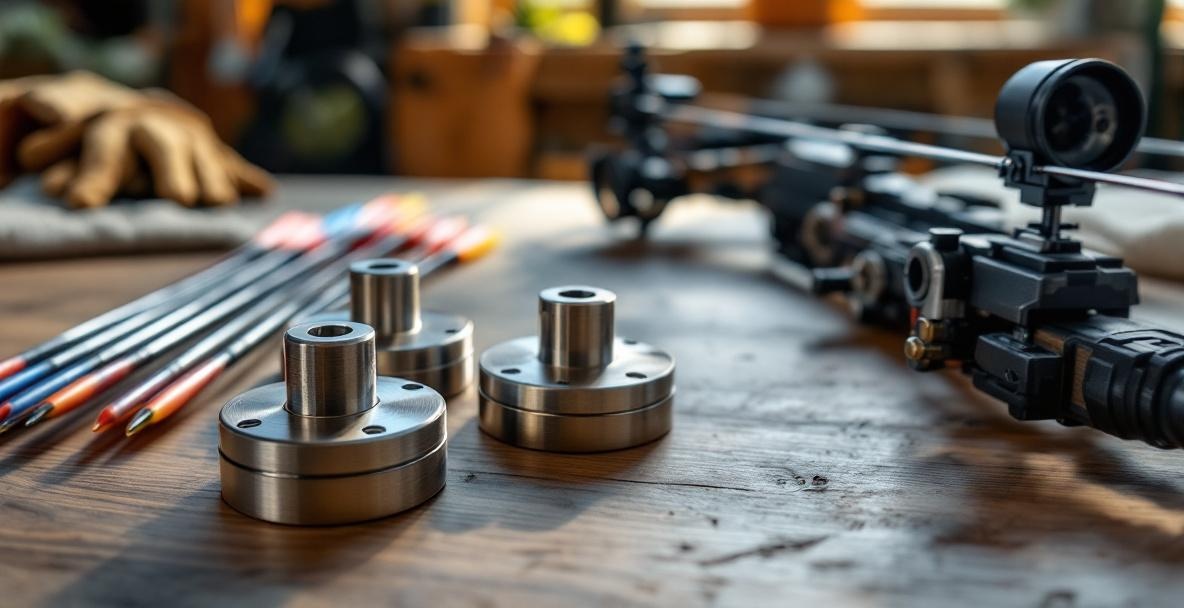 High-quality archery equipment on wooden table, featuring stabilizer weights and compound bow.