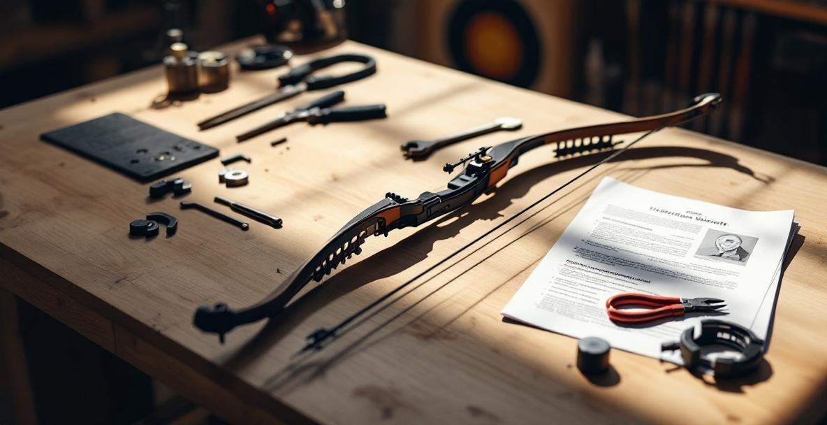 Workspace with recurve bow, stabilizer weights, tools, and manual on wooden bench.