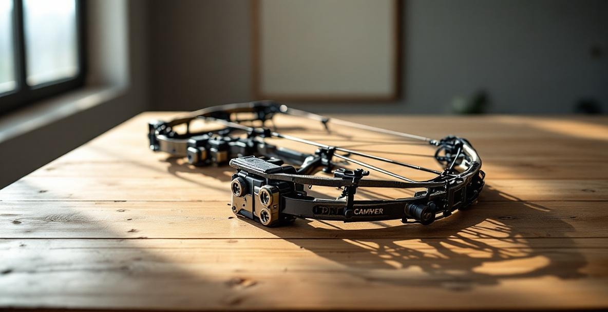A detailed compound bow on a wooden table with ergonomic stabilizer weights.