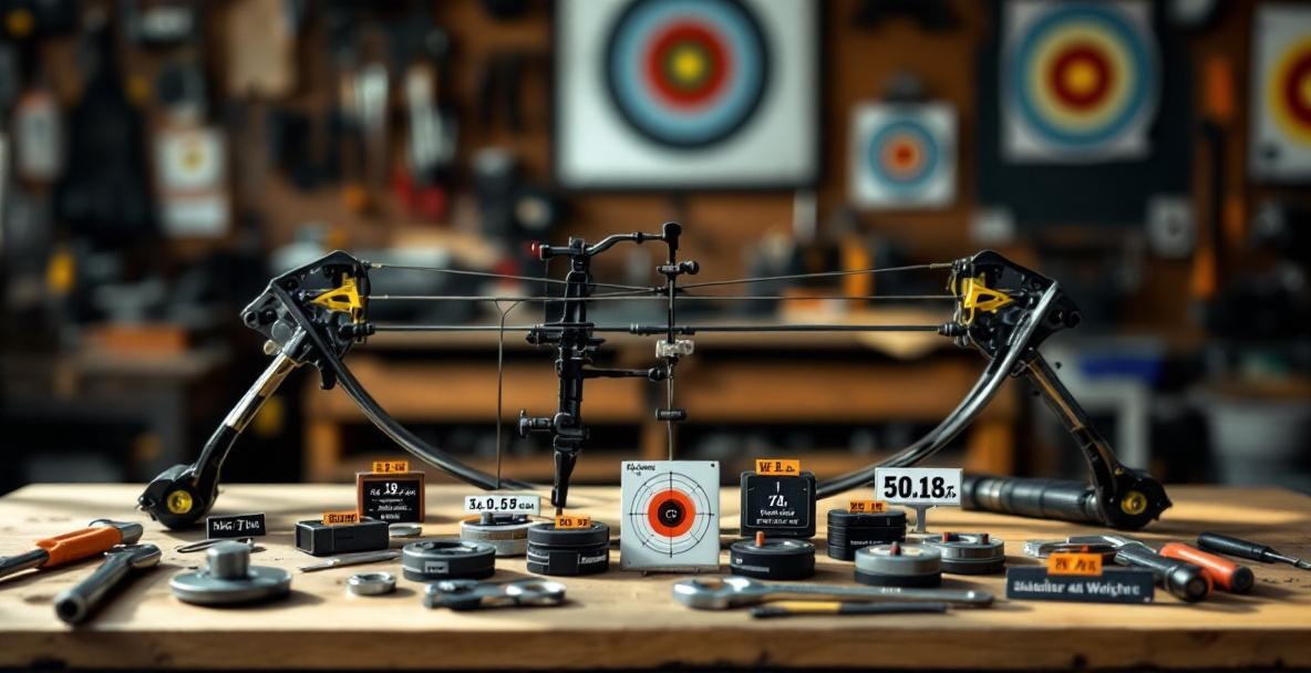 Organized archery workshop with compound bow, tools, and labeled stabilizer weights on a workbench.