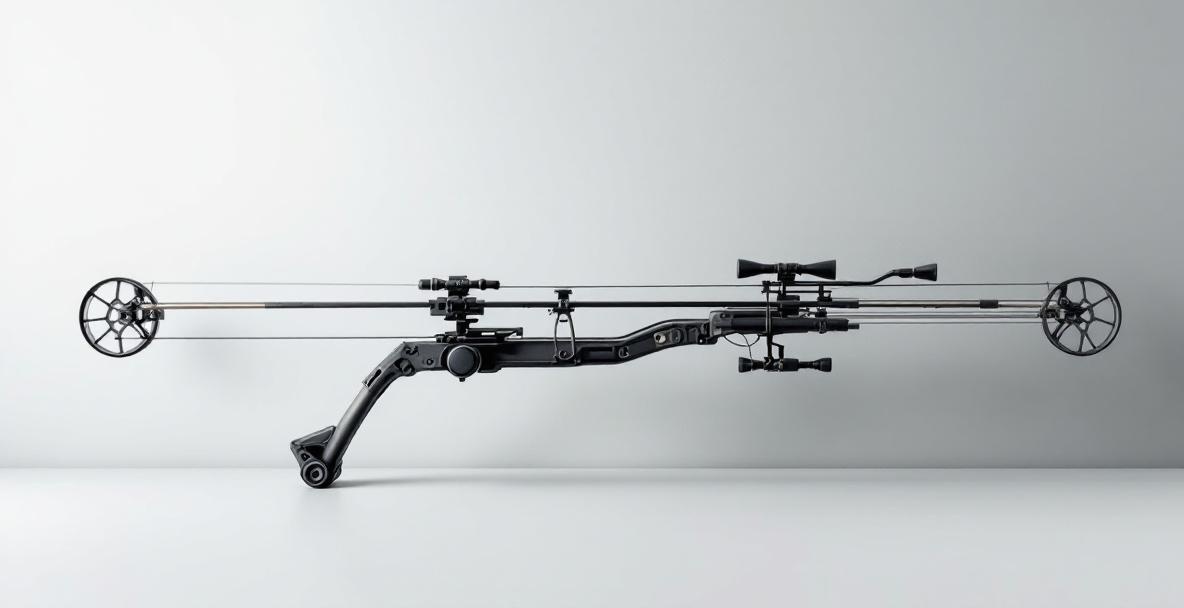 Realistic image of a compound bow with premium stabilizer weights on a neutral background.