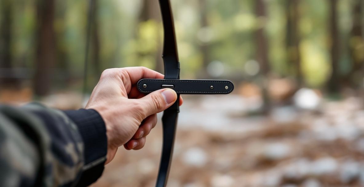 Archer's hand holding a high-quality finger tab at a blurred wooded archery range.