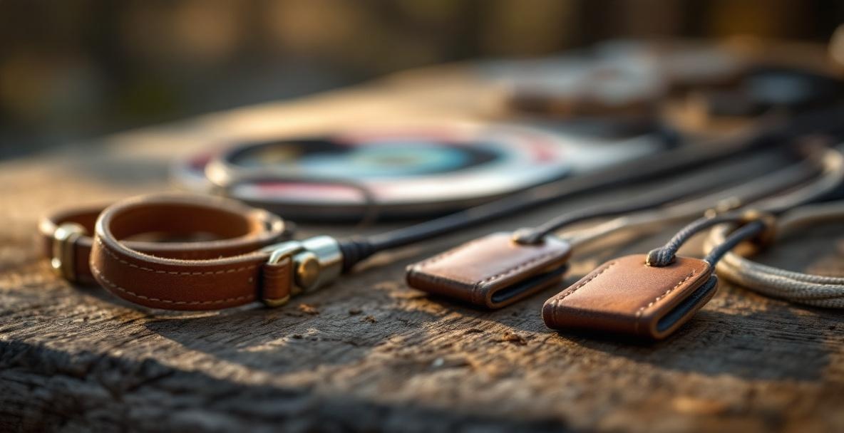 A leather and metal finger tab with coiled bowstring on a wooden table, soft light highlighting its craftsmanship.