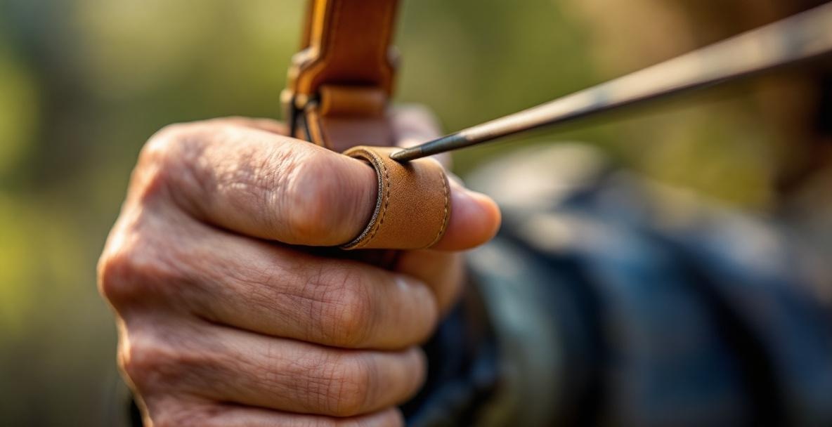 Close-up of a hand using a finger tab on a bowstring, focused on the tab's texture and details.