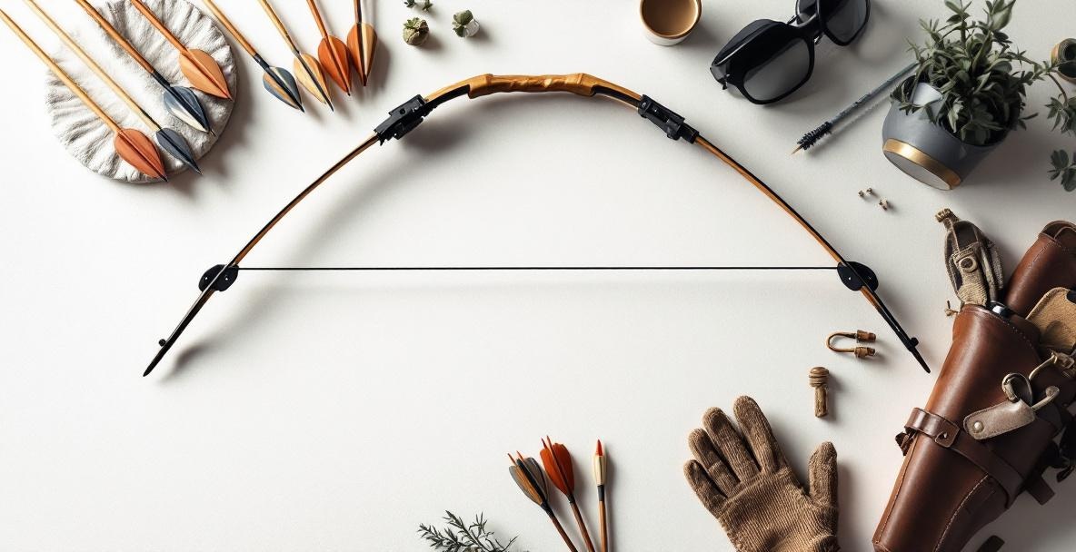 High-quality recurve bow with stabilizers surrounded by archery equipment on a light background.