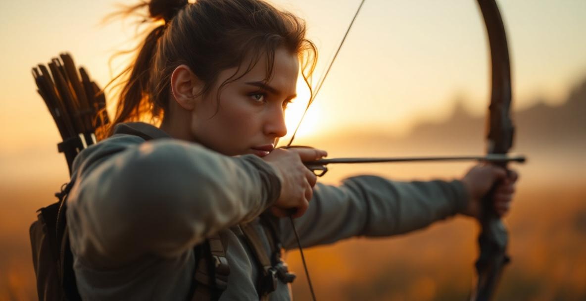 Lone archer practicing with a recurve bow at sunrise, emphasizing posture and high-quality stabilizers.