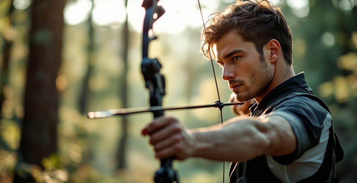 Archer adjusts stabilizer weights on a modern recurve bow in a forest setting.