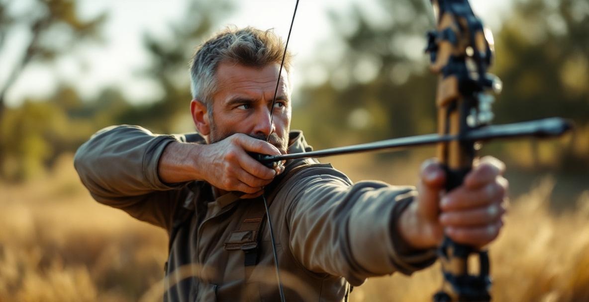 A mid-aged male archer mid-draw on a windy range, with emphasis on a durable stabilizer.