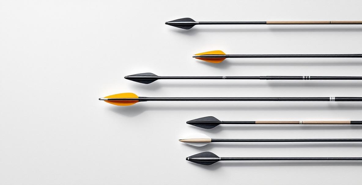 High-quality arrows on a flat surface showcasing materials like carbon and aluminum with labels.