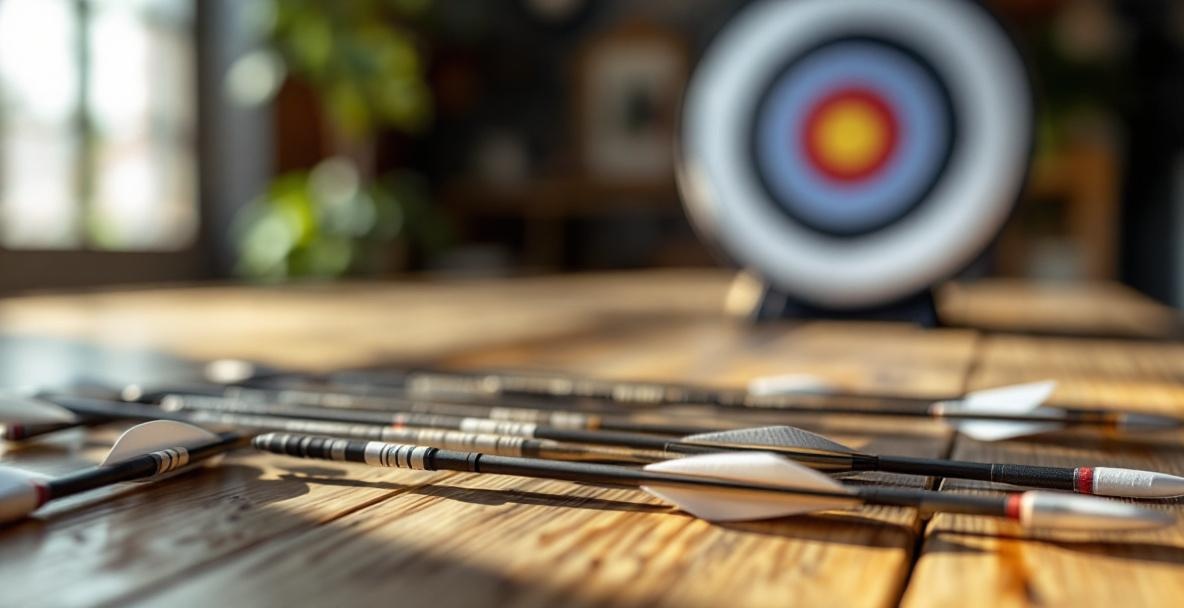 Ten premium target arrows on a wooden table with natural daylight.