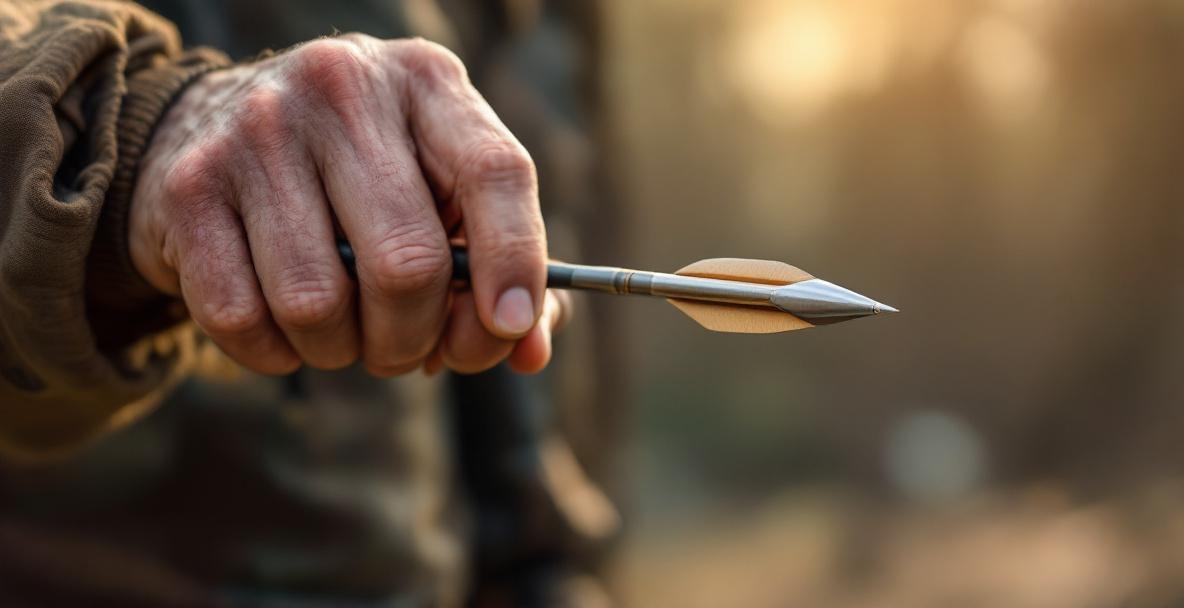Archer's hand selecting a high-quality arrow with detailed stabilizer weights from a quiver.