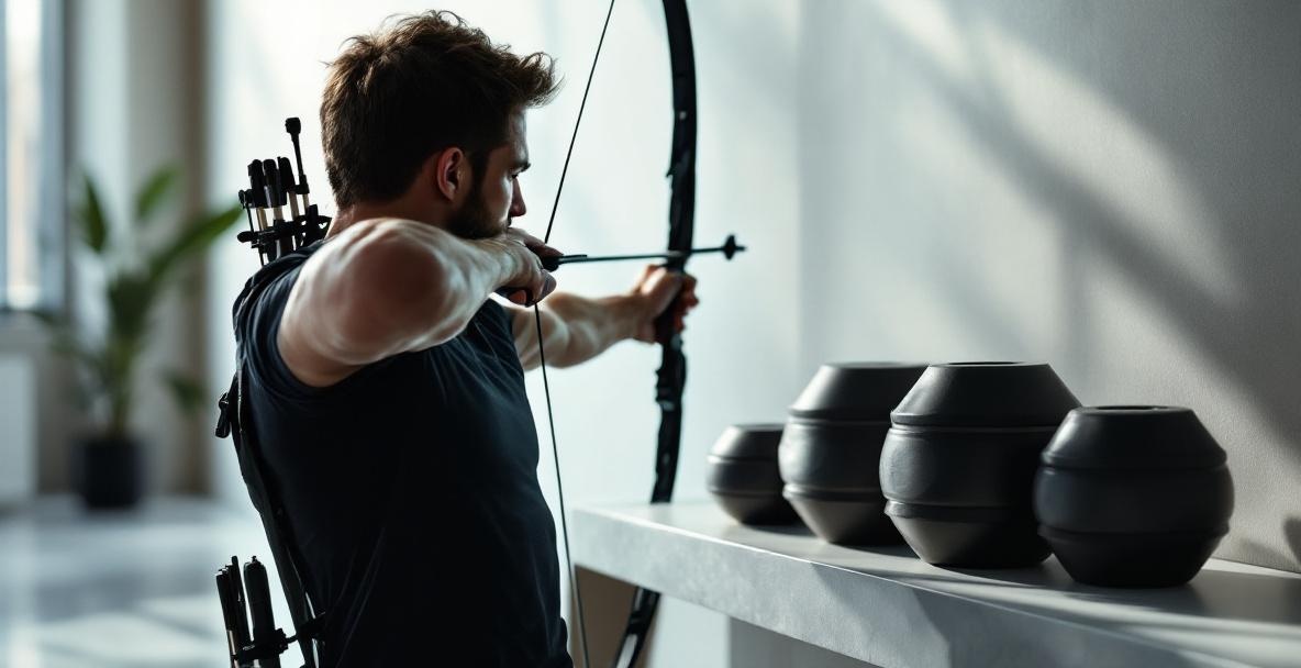 An archer mid-draw in a minimalist gym with stabilizer weights on a sleek shelf.