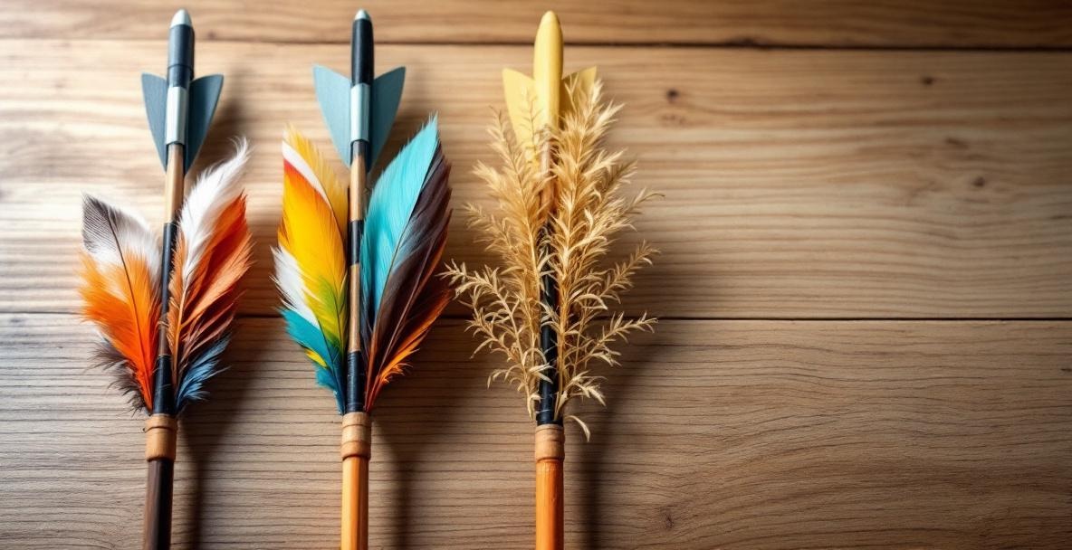 Three arrows with different fletching types on a wooden table.