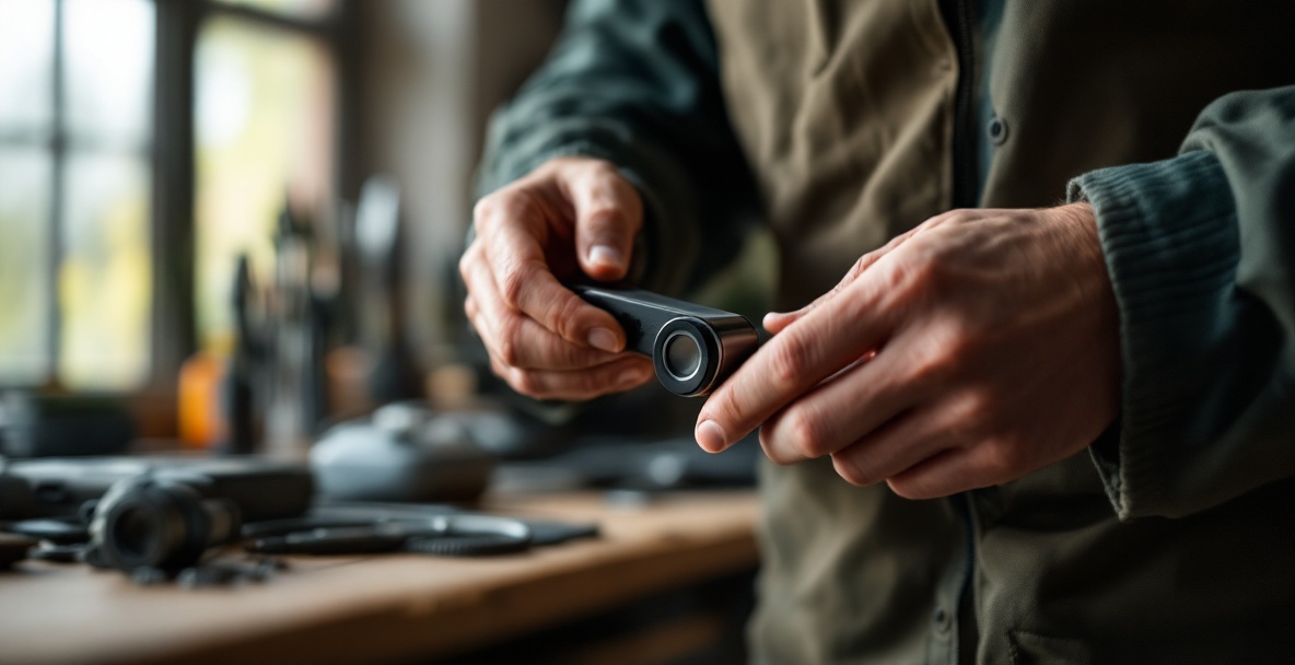 Close-up of a skilled archer inspecting a high-quality archery stabilizer weight in a workshop.