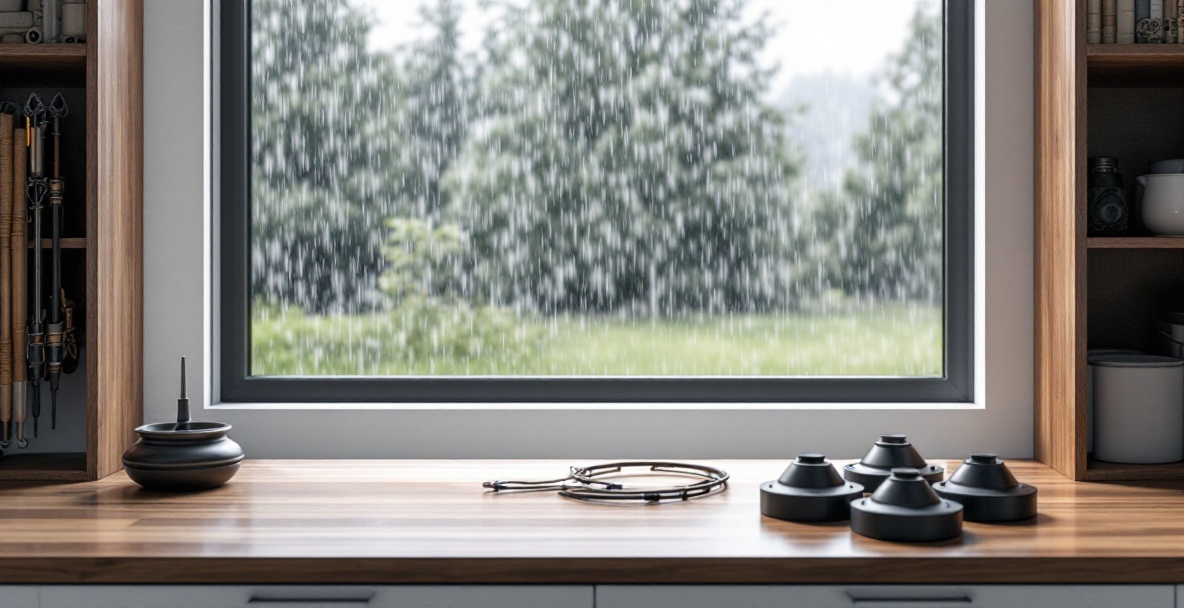 Neatly organized archery equipment storage with modern shelves and a large rainy window.