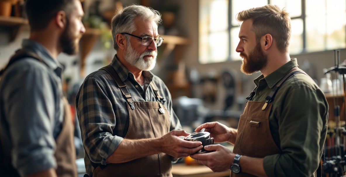 An expert discussing stabilizer weights with a customer in an archery workshop.