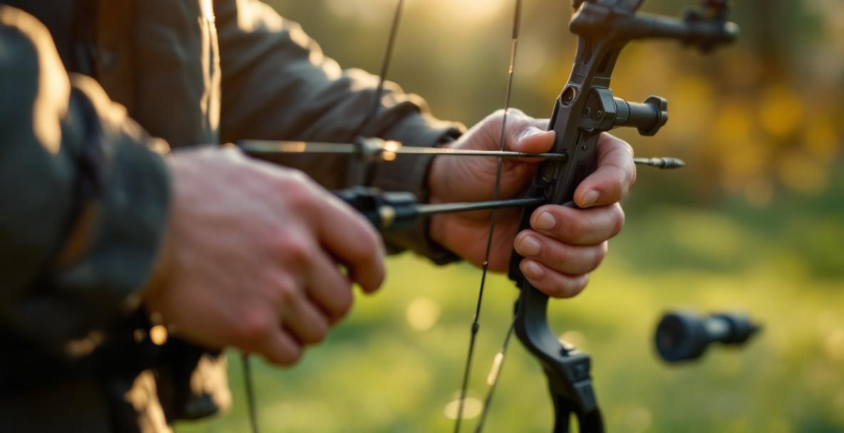 Close-up of an archer adjusting stabilizer weights on a modern bow outdoors.